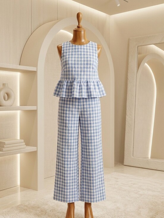 Hidden Brand Pants - Blue & White Gingham 2-Piece Set | Open Back Top & Wide Leg Pants